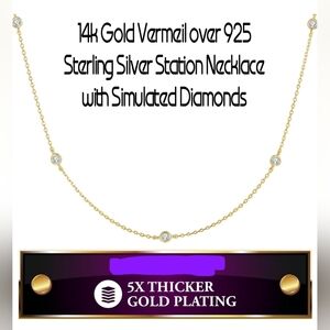 14k Gold Vermeil / 925 Sterling Silvet CZ Station adjustable Chain Necklace